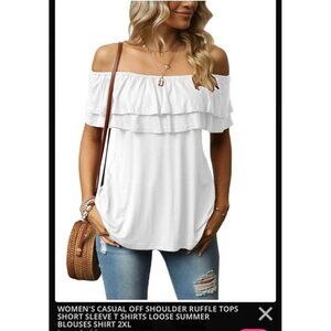 New White Off Shoulder Ruffle Top Short Sleeve Loose 2XL